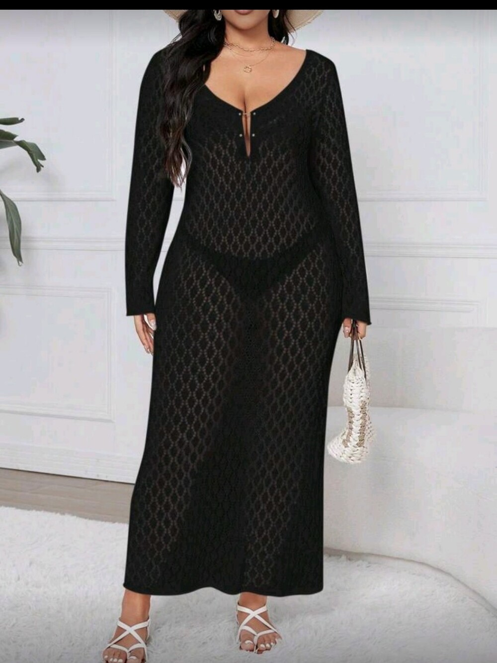 SXY Plus Solid Color Simple Long Sleeve Knit Sweater Cover Dress, 0X (12), Black